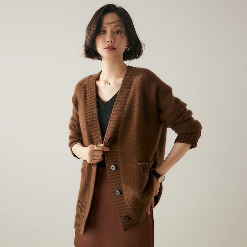 羊绒开衫女100%纯山羊绒中长款三股加厚宽松大码百搭针织外套毛衣|undefined