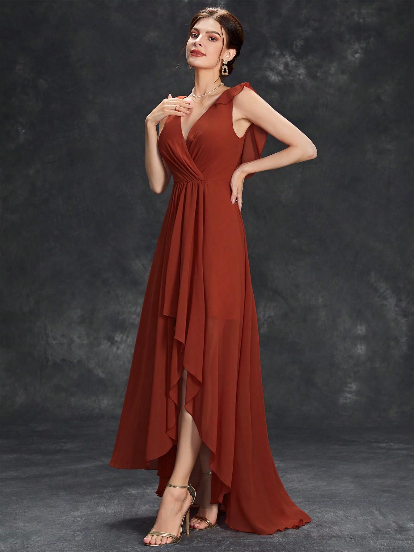 Vestido de noche de gasa con cuello en V eBay nuevo pecho plisado sin respaldo delantero corto trasero largo vestido de baile vestido de fiesta vestido de dama de honor