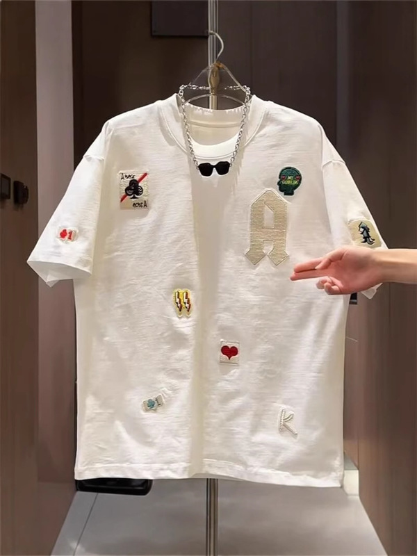 2025夏季小众设计感刺绣印花短袖t恤男女宽松轻奢半袖体恤打底衫|undefined
