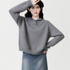 灰色牛角扣毛衣女2025秋冬新款polo领宽松慵懒加厚针织衫套头上衣