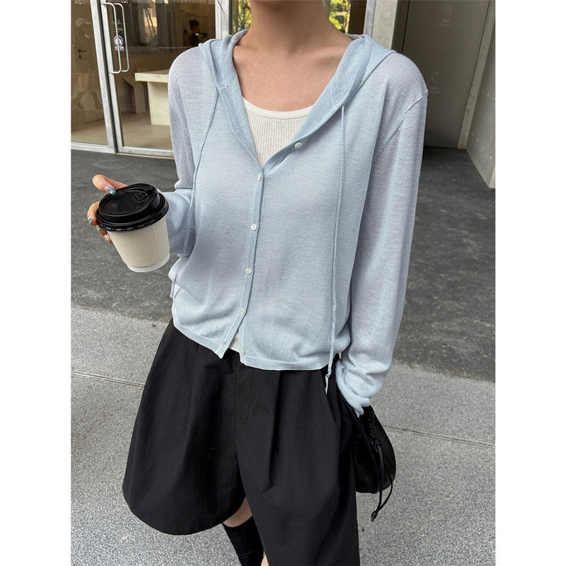 Tg Korean Style Casual Breathable Smooth Double-Layer Hooded Knit Button-Up Cardigan for Women 2026 Spring Collection Top 26127