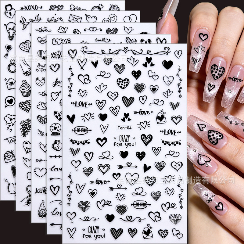 Ins Style Minimalist Black and White Hand-Drawn Line Heart Nail Stickers Simple Black and White English Heart Love Nail Stickers Ins Style Minimalist Black and White Hand-Drawn Line Heart Nail Stickers Simple Black and White English Heart Love Nail Stickers