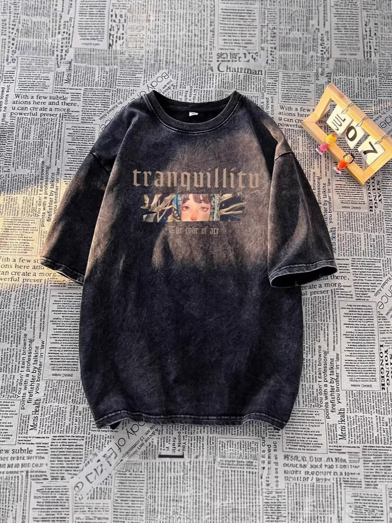 Camiseta de manga corta de algodón de la marca de moda de la calle alta estadounidense para hombres verano retro marea casual lavado viejo media manga guapo camiseta