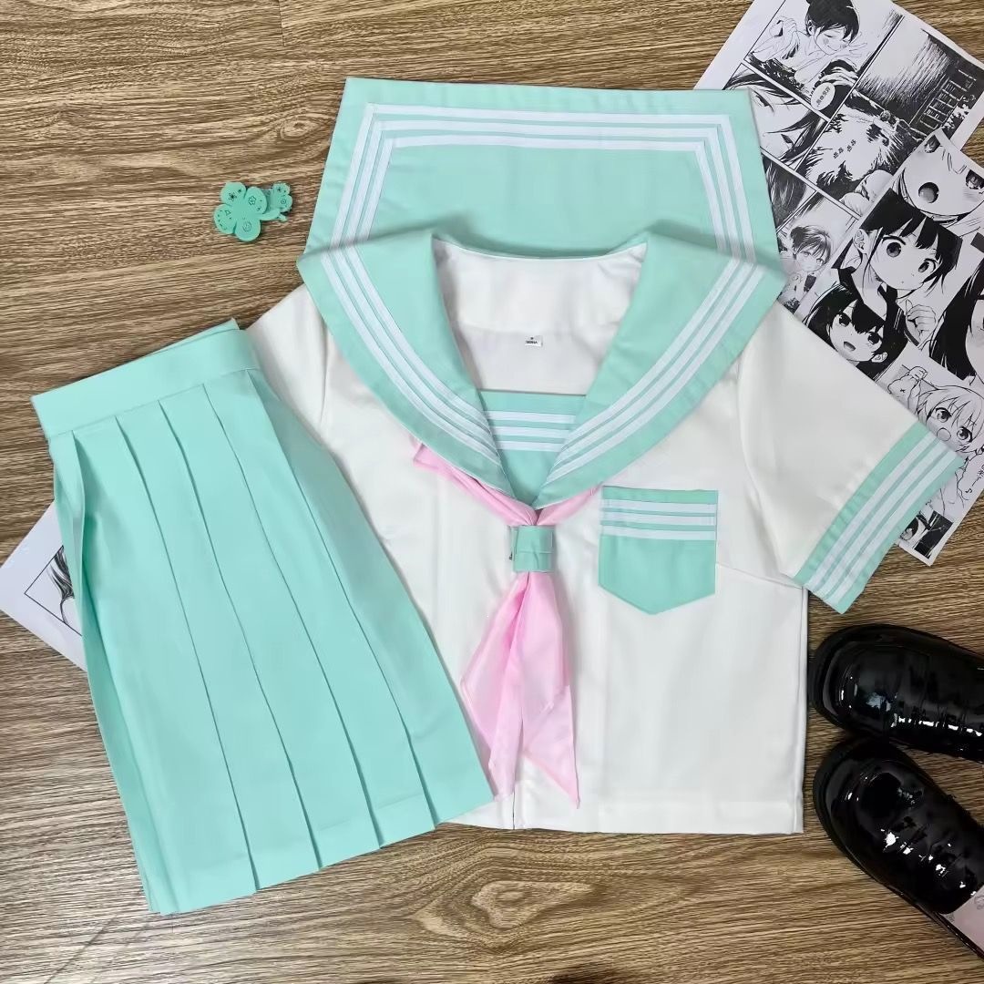 [Ice Blue Three-Piece Set] JK Uniform, Dopamine-Style College Look, Short-Sleeve Shirt, JK Sailor Suit, Original Design, Complete Set