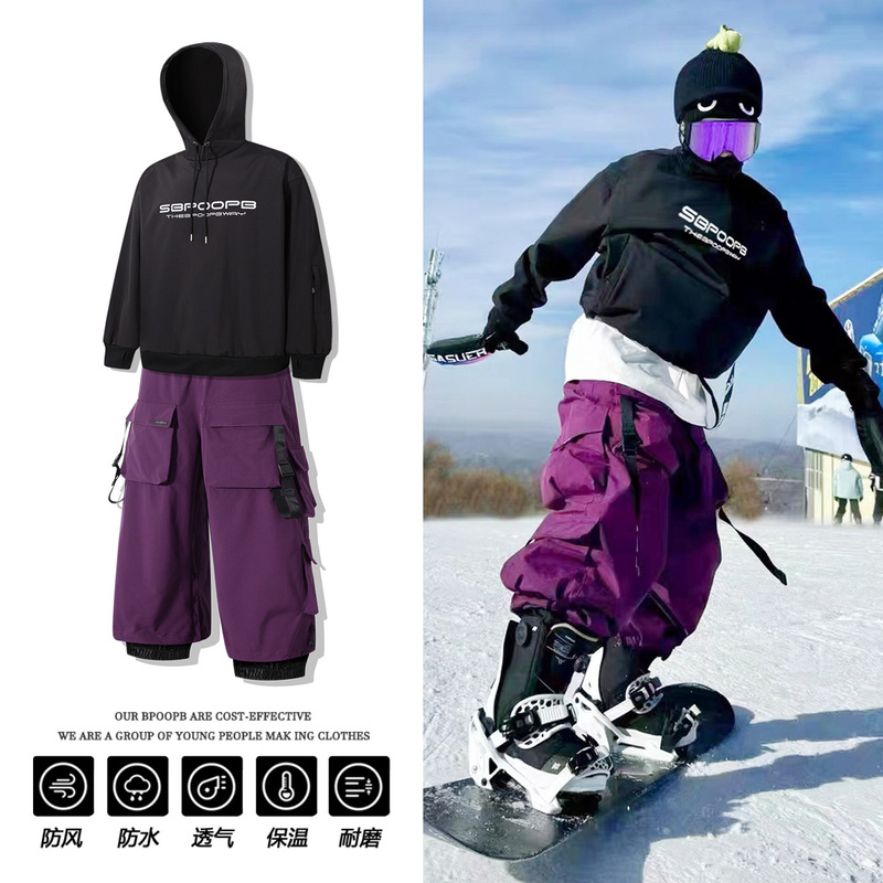 Black Ski Hoodie for Men, Hooded, Professional Waterproof Snowboard Pants, American-Style Warm and Cold-Resistant Jacket