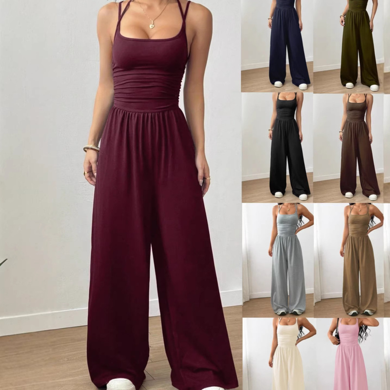 Halter Neck Square Neck Jumpsuit with Wide-Leg Pants, European and American Style, Sporty, Waist-Cinching, Ruched Casual Pants, Available in Multiple Colors, Cross-Border Jumpsuit