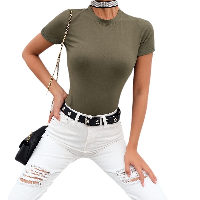 Camiseta popular europea y americana ropa de mujer 2023 verano nuevo Amazon color sólido todo partido cuello redondo Camiseta apretada de manga corta para mujeres