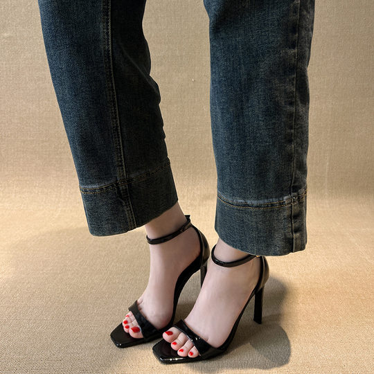 Sexy Open Toe High Heels Women's 2025 Summer New Style Square Toe Fashionable Stiletto Heel One Word Buckle Strap Elegant Sandals