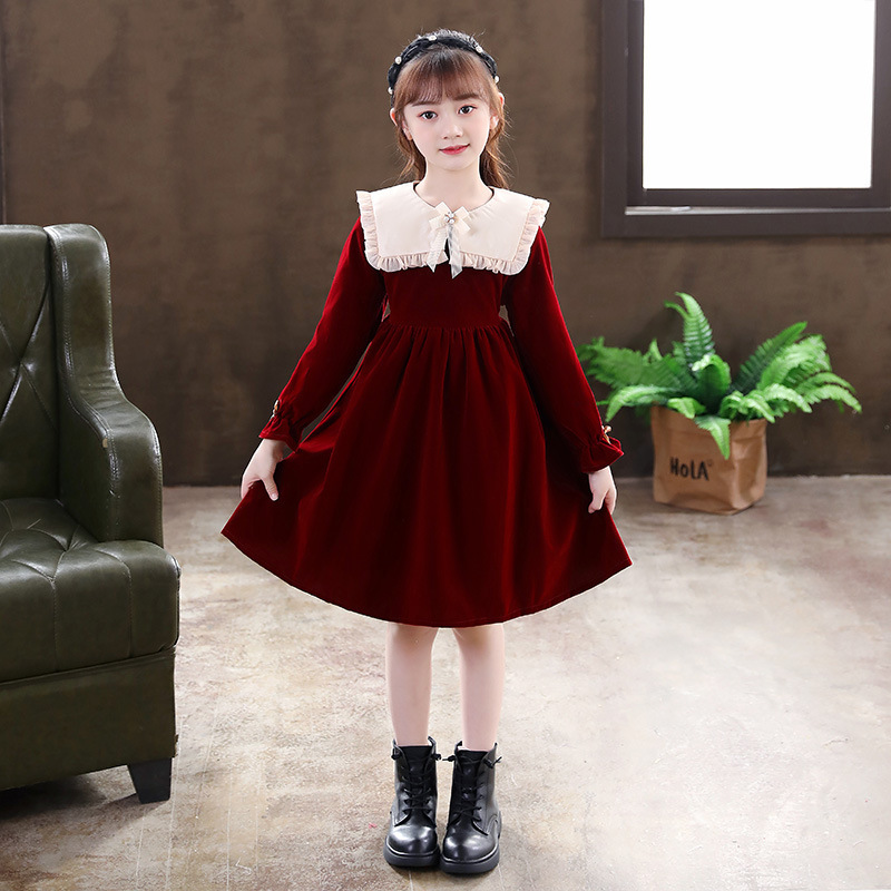 Girls' New Spring and Autumn Dress, French-Style Large Lapel Ladylike Doll Dress, Long-Sleeved Dress, New Spring Princess Dress