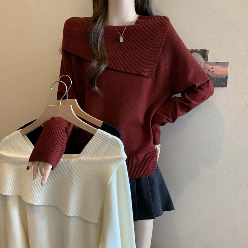 2024 осень и зима новый большой лацканный воротник сплошной цветной пуловер нижний трикотаж женский большой размер дикий повседневный топ