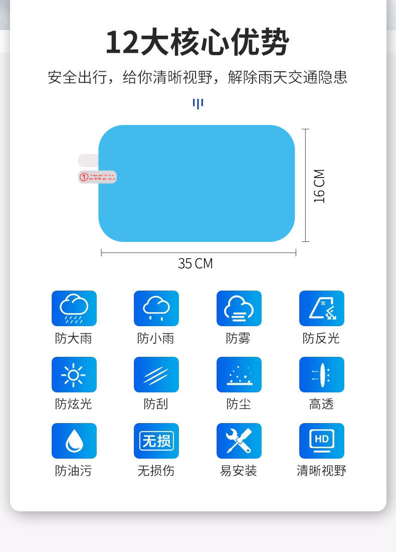 Rearview Mirror Rain-Proof Film, Anti-Fog Film, Anti-Glare Car Film, Reflector Wiper, Reversing Mirror, Waterproof Glass