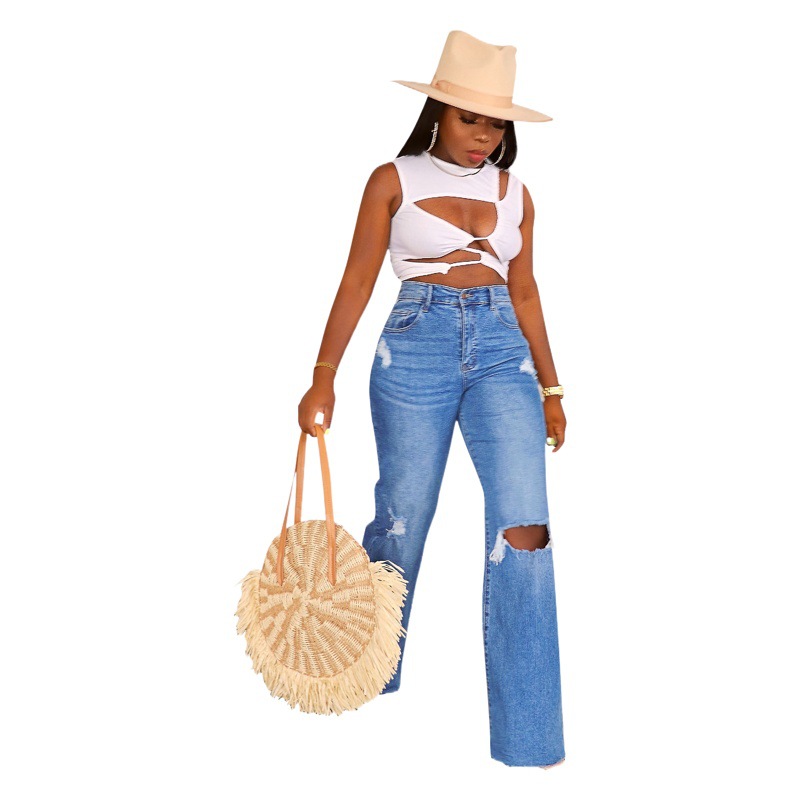 Jeans rotos nuevos de Amazon para mujer, estilo 2025, pantalones anchos lavados, pantalones largos de pierna recta en stock image 1