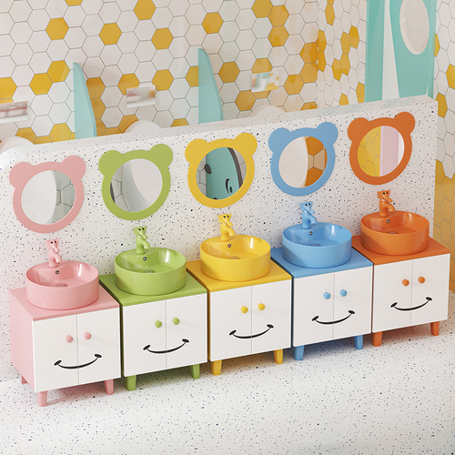 Wholesale Kindergarten Children's Solid Wood Bathroom Cabinet Combination Sink Vanity Baby Colorful Sink Basin Floor Standing