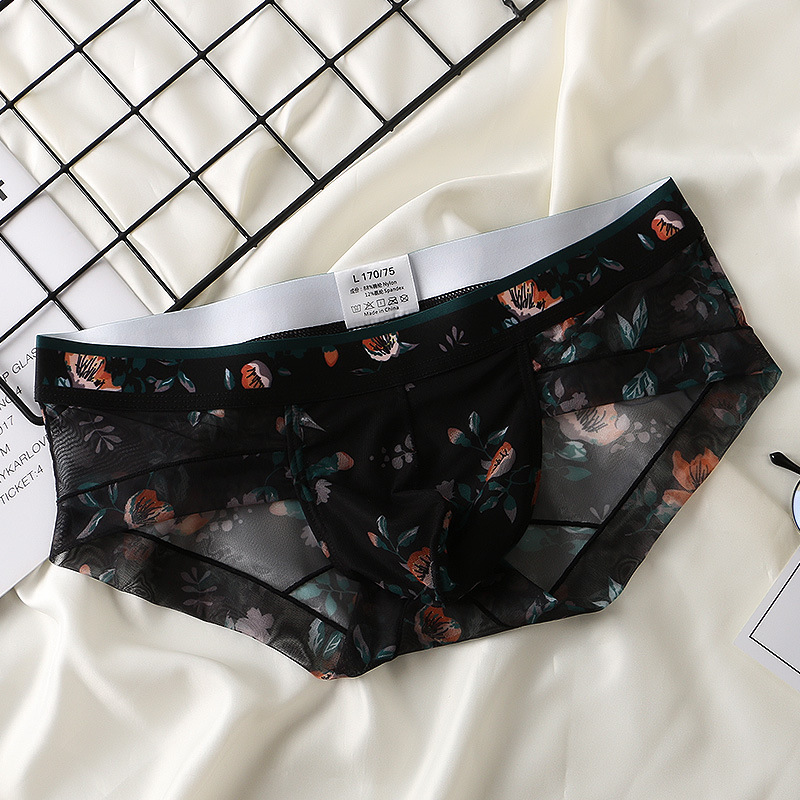 Men's Underwear Printed Ice Silk Quick-Drying Mesh Transparent Sexy U-Convex Large Pouch Youth Boys' Triangle Shorts Men