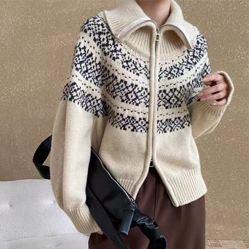 Retro Jacquard Lapel Double Zipper Red Sweater Jacket Women's Autumn and Winter Fair Isle New Year Christmas Knitted Cardigan