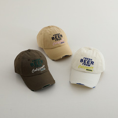 BEER.字母刺繡兒童帽子春秋季棒球帽女童遮陽帽破洞男寶寶鴨舌帽