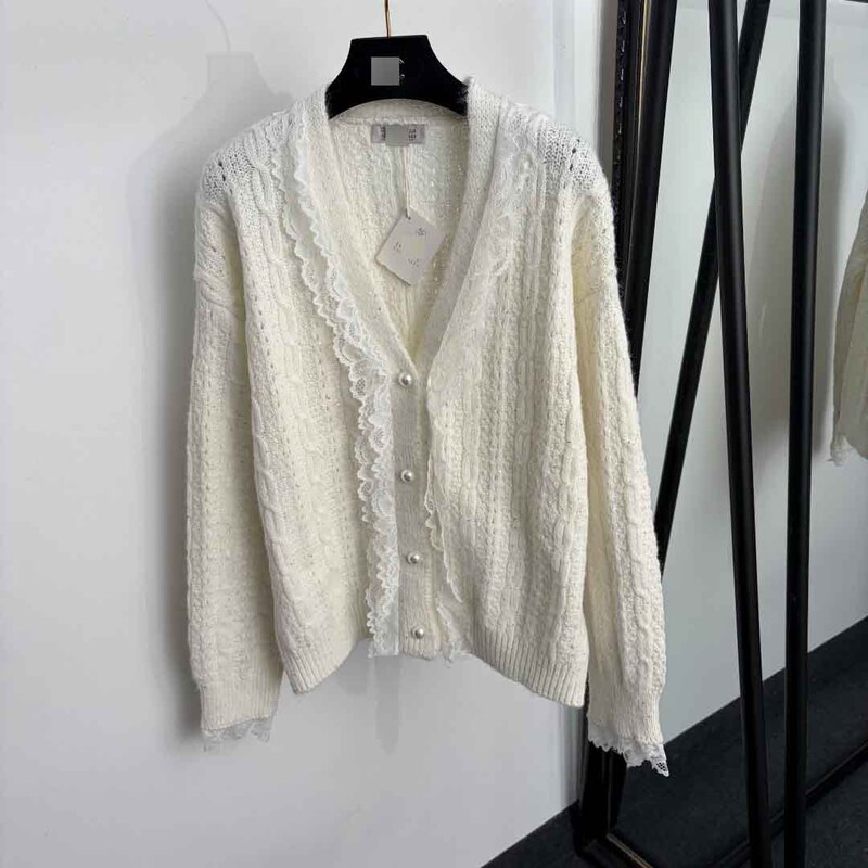 Nanyou High-End Style BC New Model Pearl Button Sequin Inlay Lace Ruffle V-Neck Long Sleeve Knit Cardigan Nanyou High-End Style BC New Model Pearl Button Sequin Inlay Lace Ruffle V-Neck Long Sleeve Knit Cardigan