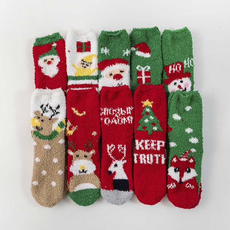 Calcetines de Felpa para Piso Vellón de Coral y Poliéster Térmico, Secado Rápido, Engrosado para Navidad