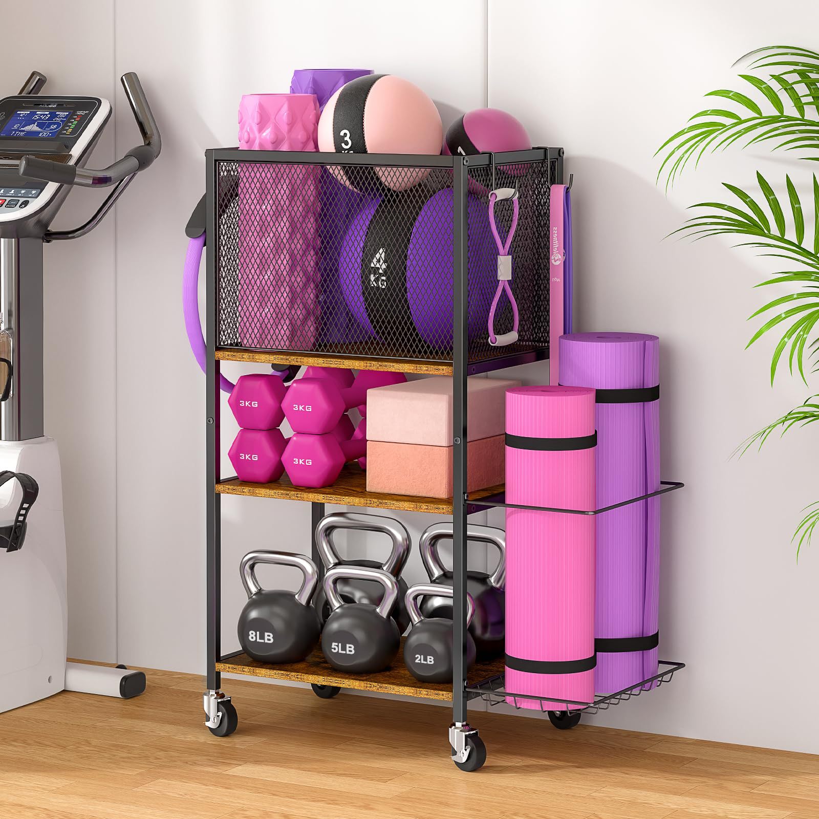 Floor-Standing Yoga Mat Storage Rack, Iron and Wood Combined with Foam Roller Storage Rack, Yoga Supplies Organizer with Hooks