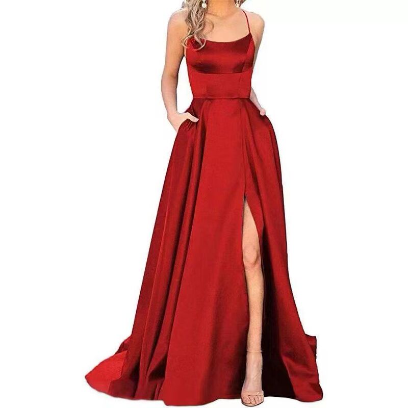 2025 European and American Cross-Border New Party Bridesmaid Dress Pure Color Off-Shoulder Long Skirt Small Tail Banquet Evening Dress