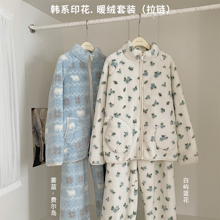 3834 Fleece-lined thickened winter warm pajamas for women, zippered stand-up collar with pockets, can be worn outside, two-piece home wear set 3834 Fleece-lined thickened winter warm pajamas for women, zippered stand-up collar with pockets, can be worn outside, two-piece home wear set