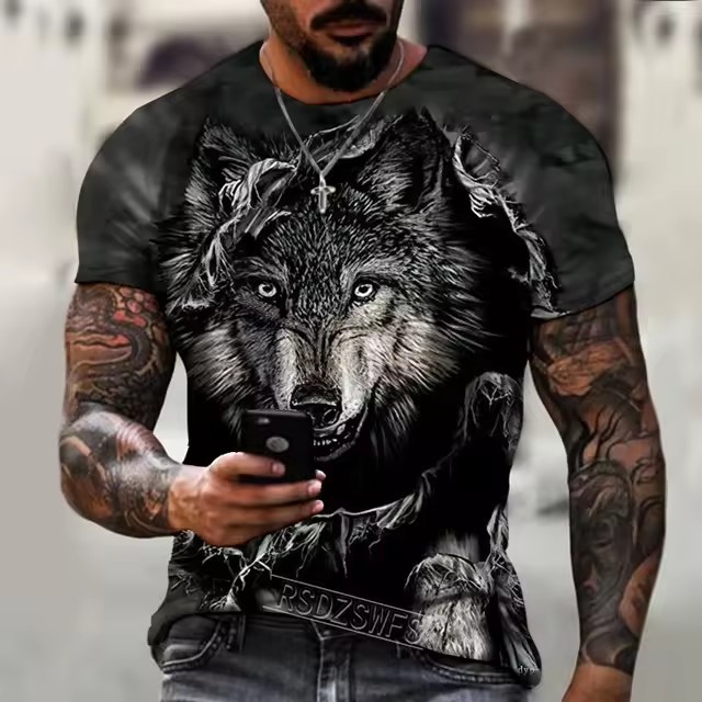 2024 moda casual suelto cuello redondo manga corta transpirable camiseta de hombre personalidad lobo malvado spot de impresión digital 3D