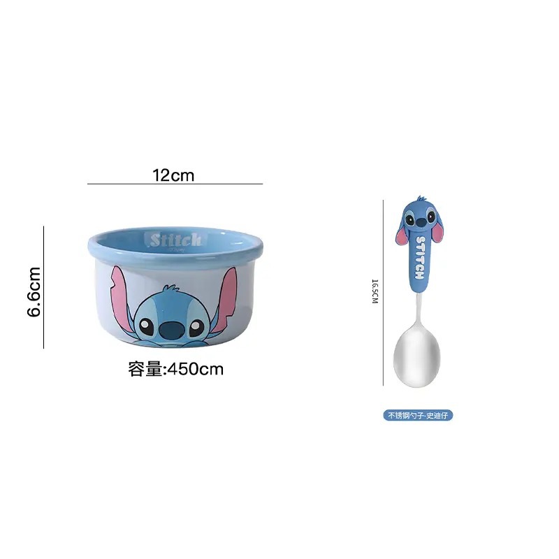 Juego de cuencos y cucharas de Disney Stitch engrosado, anti-escaldado, lindo regalo, vajilla de cerámica, cuencos para niños, envío gratis de alto valor