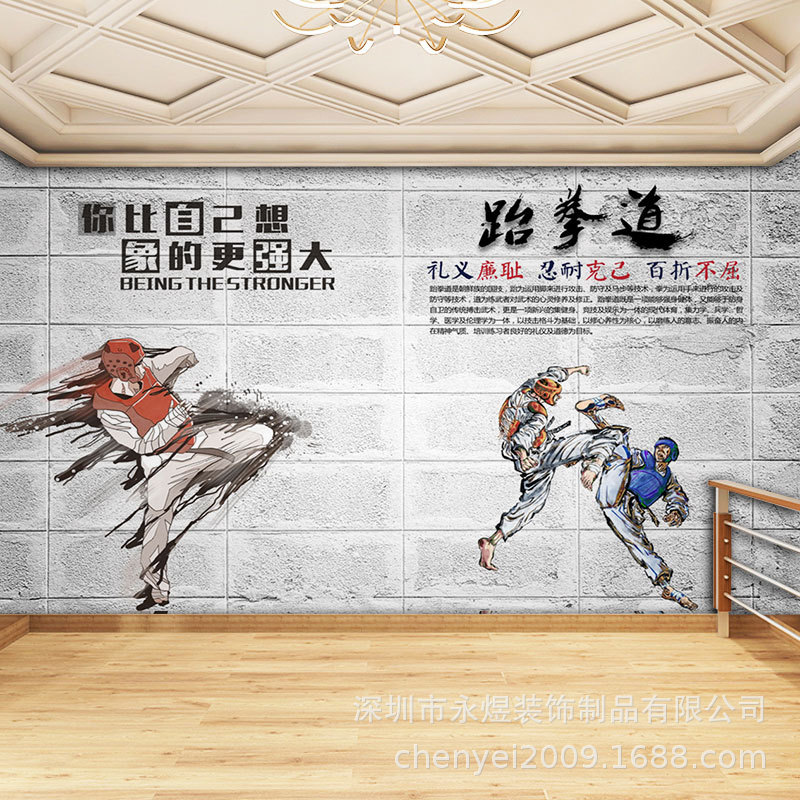 3d卡通复古跆拳道电视墙主题墙纸拳击武术馆背景壁画健身房个性