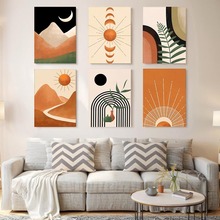 波西米亚墙壁艺术印刷画芯 6件套太阳月亮彩虹帆布海报极简主义画