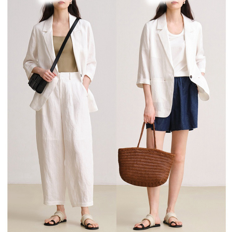 Summer New Breathable Non-Iron Sand Cotton Plain Weave Imitation Cotton-Linen Casual Three-Quarter Sleeve Suit with Cropped Pants Set