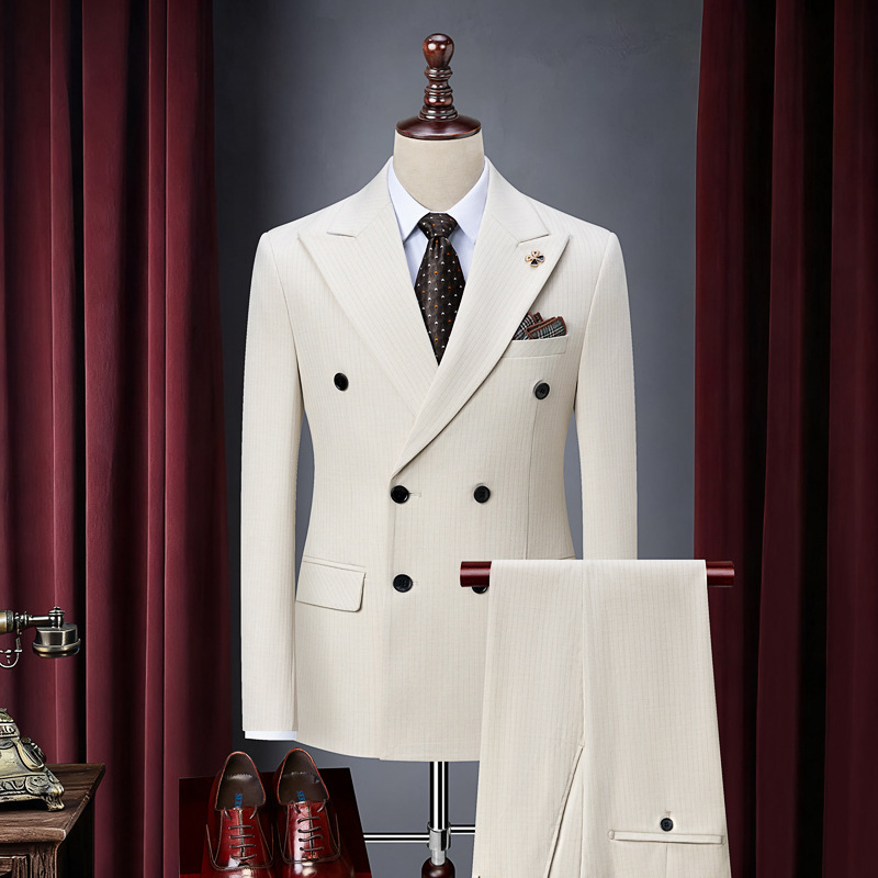 Cross-Border Double-Breasted Suit Plus Size Men's Pinstripes Slim Casual Business Suit Dropshipping