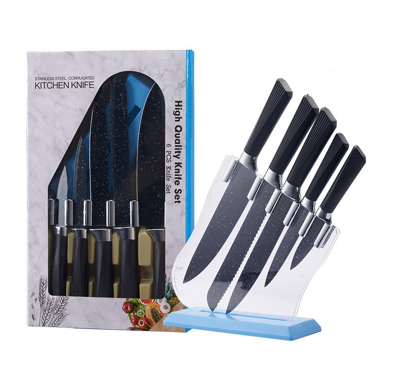 Inventario al por mayor nuevo acero inoxidable pulverización rosa diamante manija viejas seis piezas cuchillo conjunto de herramientas de cocina