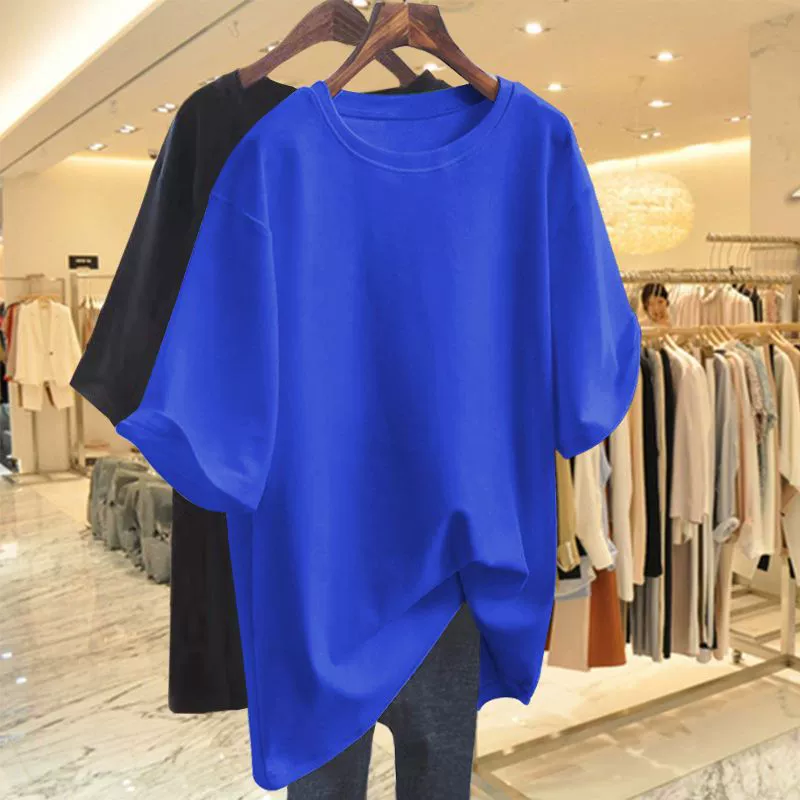 White cotton long summer solid base body-friendly T-shirt for leisure, plus size