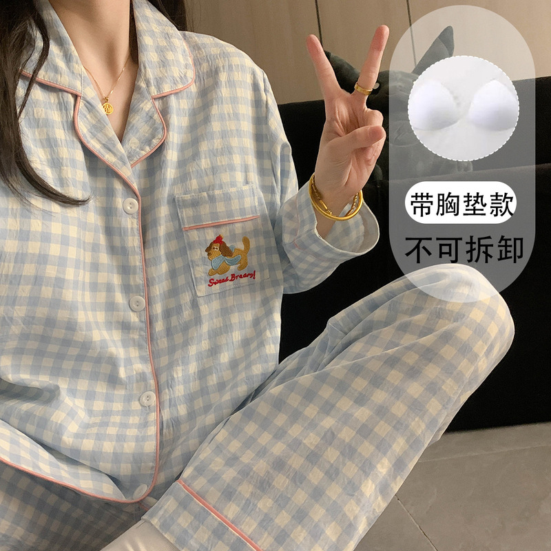 Plus Size Pajamas for Women Spring and Autumn Long-Sleeved Cute Dachshund Student Plaid Home Clothes Two-Piece Suit Manufacturer Ready Stock