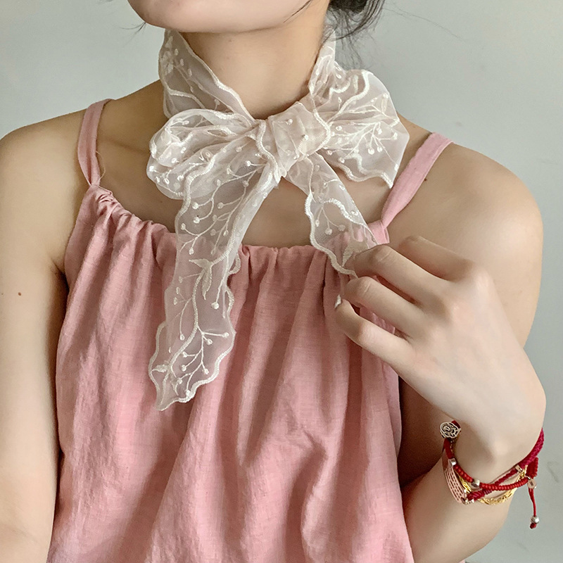 Bufandas de seda larga alta sensación japonesa y coreana dulce bufandas de encaje bordadas mujeres primavera y verano correa de pelo correa de pelo