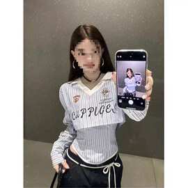 辣妹性感修身显领长袖衬衫抹胸胖新款巨显美式上衣女