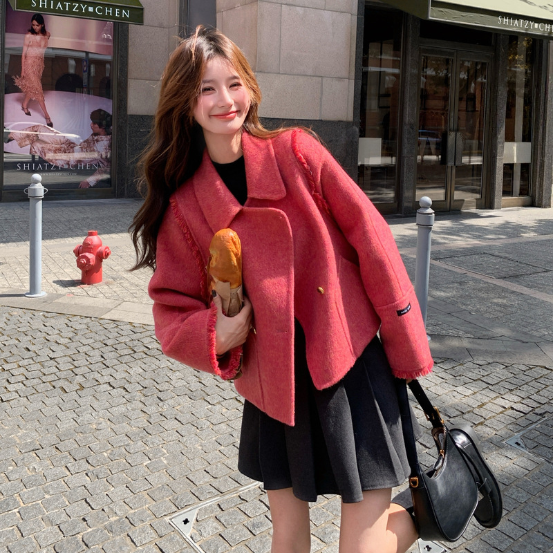 树莓粉双面羊绒大衣女短款2025冬季新款高级感韩系气质羊毛呢外套