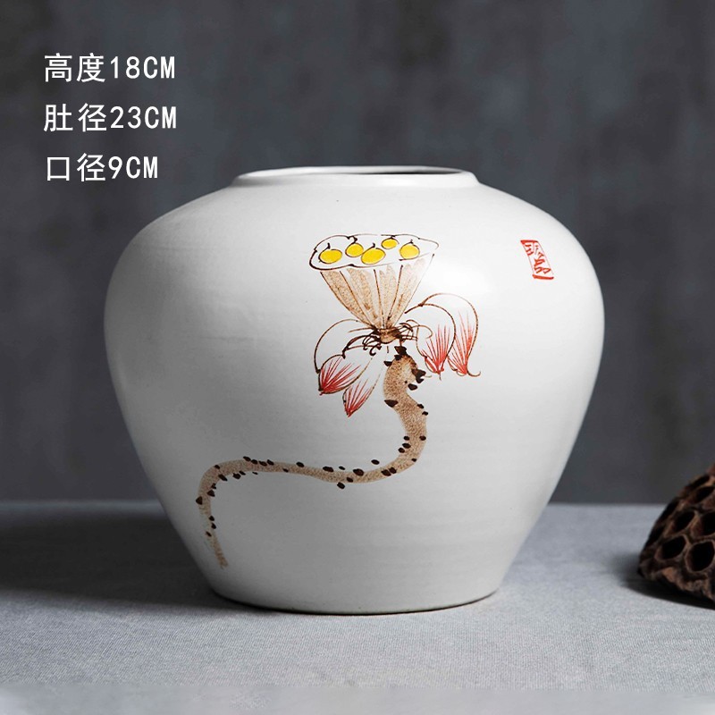 景徳鎮の陶磁器の花瓶の置物の客間の生け花の新しい中国式の玄関の装飾品の花器の復古の太い陶缶の植木鉢|undefined
