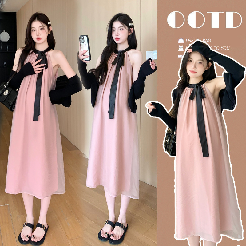Internet Celebrity Fashionable Temperament Maternity Dress Korean Style Loose Outer Wear Pregnant Women's Bow Pregnant Women's Dress Temperament Pregnant Women's Dress