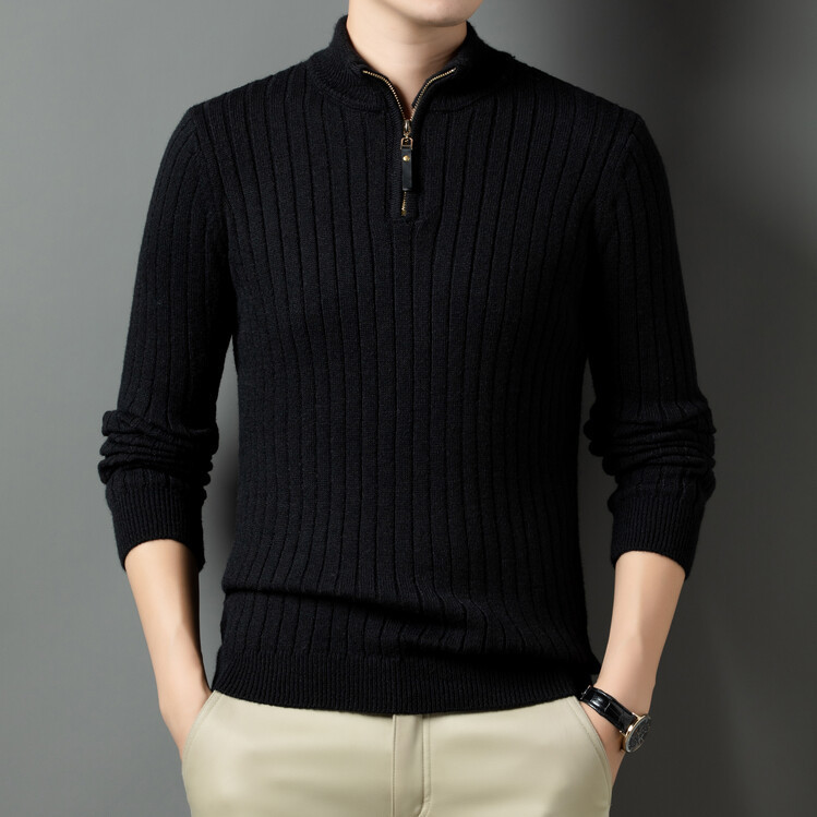 Men's Jacquard Striped Knitted Sweater With Stand-up Collar Zip_voghion.com
