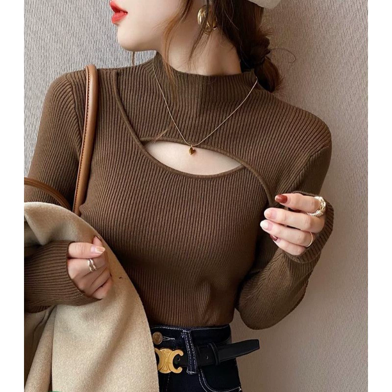 Базовая рубашка женская осень-зима 2021 новый дизайн Sense Niche High Sense Половолазка свитер со средним воротником вязаный Топ