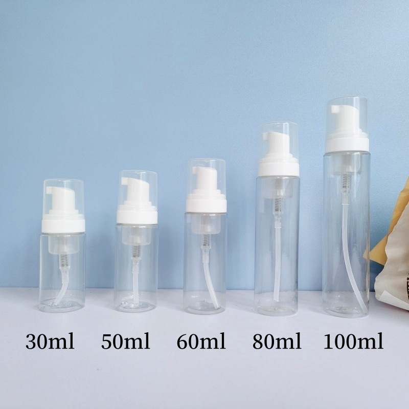 30 dientes PET mousse transparente botella 30ml100ml limpiador facial espuma botella champú espuma botella de pie en stock