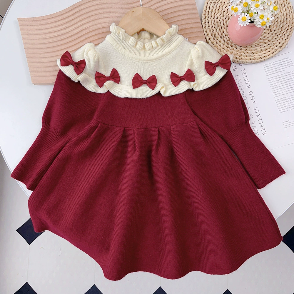 Red cute knitted demi-season woolen dress with bow, children's clothing, wholesale