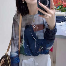 独特别致圆领上衣女2025秋季新款涂鸦印花网纱打底衫时髦洋气小衫