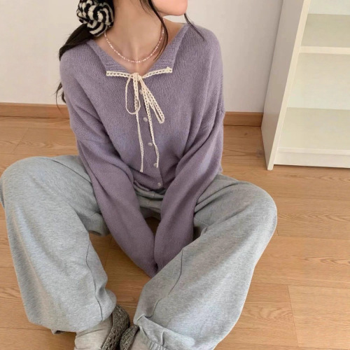 2025 Korean-style belt lace collar sweater women's autumn and winter new versatile soft and fluffy knit base jacket