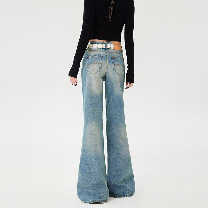 미국 스타일 레트로 워터 마크 디자인 낮은 허리 핫 소녀 플래 팬츠 모든 경기 청바지 및 긴 바지