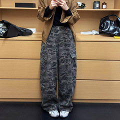 代陌嘉韩版休闲工装牛仔裤女秋季辣妹百搭宽松垂感直筒阔腿长裤