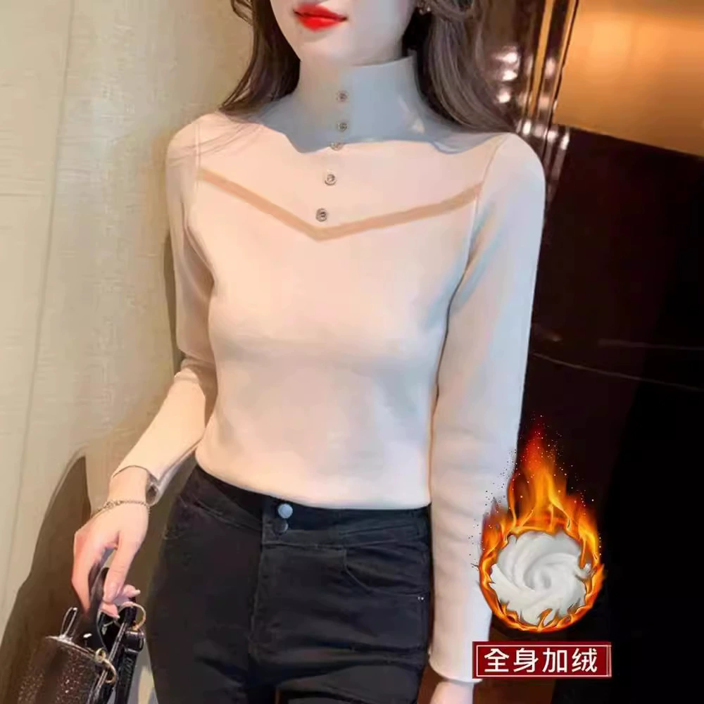 2024 осень и зима новый пол-высокий воротник с длинными рукавами трикотажный топ