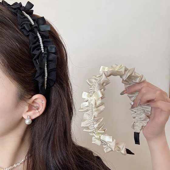 French Retro Satin Pleated Bow Pearl Headband Elegant Light Luxury Princess Hair Band Sweet All-match Hair Card Women