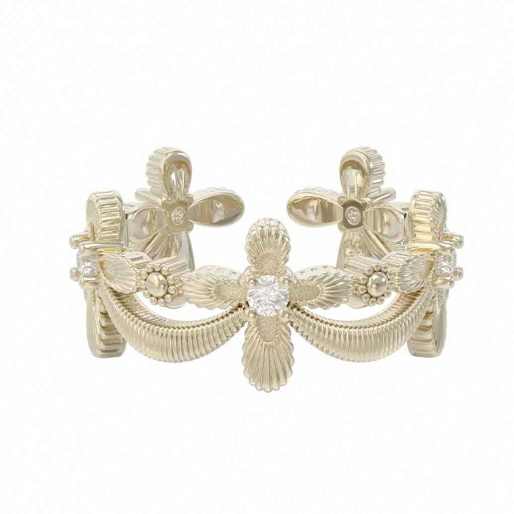 Three Horizontal Lines Jewelry Iris Flower Ring Light Titanium Lace Hollow Maillard Light Luxury Niche Coffee Gold Ring 3